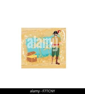 abstract grunge illustration with pirate and chest full of gold Stock Vector