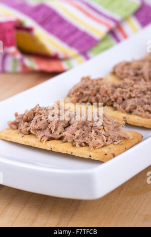 Tuna meat on crackers as snack or appetizer Stock Photo