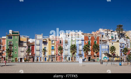 La Vila Joiosa or Villajoyosa, Alicante, Spain. A coastal resort with colorful fishermans houses tumbling down to golden beaches Stock Photo