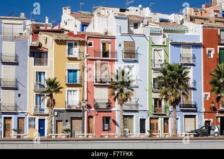 La Vila Joiosa or Villajoyosa, Alicante, Spain. A coastal resort with colorful fishermans houses tumbling down to golden beaches Stock Photo