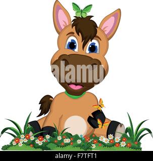 Cute cartoon horse on flower garden Stock Vector