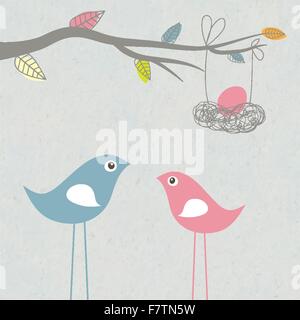 Baby arriving card with birds family and egg in the nest Stock Vector