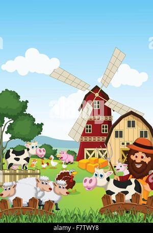 Funny farmer at his farm with a bunch of farm animals Stock Vector