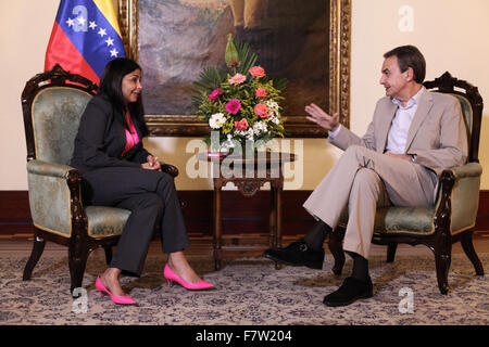 Caracas, Venezuela. 2nd Dec, 2015. Venezuela's Foreign Minister Delcy Rodriguez (L) meets with Spain's former Prime Minister Jose Luis Rodriguez Zapatero in Caracas, Venezuela, on Dec. 2, 2015. Jose Luis Rodriguez Zapatero, Panama's former President Martin Torrijos and Colombian Senator Horacio Serpa have been invited by the Venezuelan National Electoral Council to observe the parliamentary elections, to be held on Dec. 6. © Boris Vergara/Xinhua/Alamy Live News Stock Photo