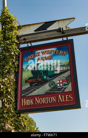 Hook Norton Brewery sign at the Great Western Arms pub near Aynho, Northamptonshire, England UK Stock Photo