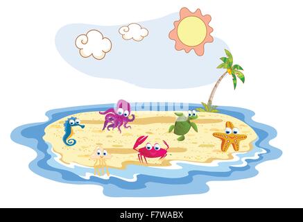 set of sea animal with beach Stock Vector