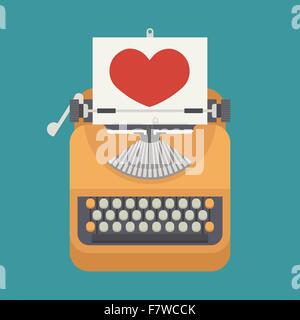 Vintage typewriter and red heart on paper sheet Stock Vector