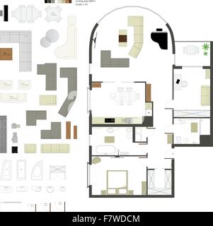Vector flat projection with furniture. Set. Scale 1:10 Stock Vector