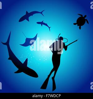 Shark and diver, swimming with sharks Stock Vector