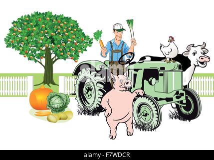 Farmer on Tractor with his animals Stock Vector