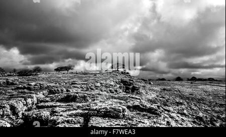 A black and white photograph above Burton In Kendal, caught on a cloudy day Stock Photo