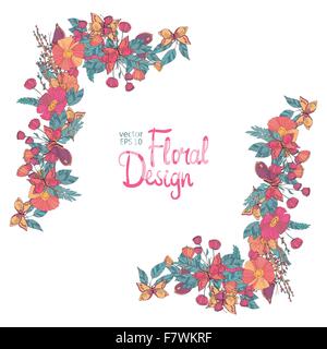 Floral corner with flowers berries and butterfly Stock Vector