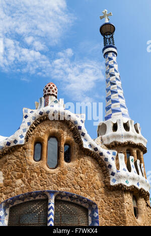 Entrance gatehouse pavilion to Park Guell in Barcelona, Spain. Stock Photo