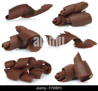 Chocolate shavings set on white background Stock Photo