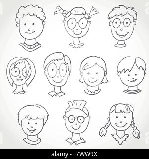 Kids Face Set Sketch Stock Vector