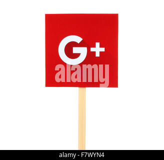 Kiev, Ukraine - October 07, 2015: New Google Plus logo sign printed on paper, cut and pasted on wooden stick. Stock Photo