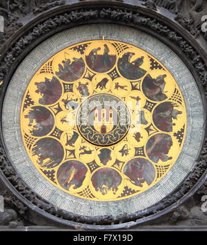 The ornate calendar dial, showing the 12 months of the year, in the Prague Astronomical Clock Stock Photo