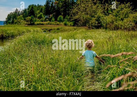Rear view of Girl walking through tall grass Stock Photo