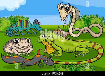 reptiles and amphibians group cartoon Stock Vector