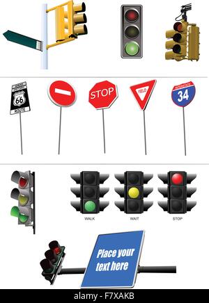 Set of traffic lights. Red signal. Yellow signal. Green signal Stock Vector