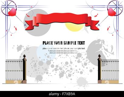 Curled red ribbons on grunge background with iron fence Stock Vector