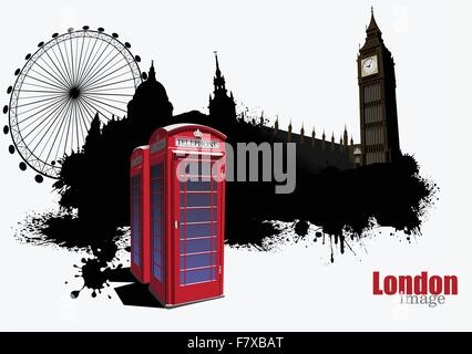Grunge London banner with red call-box image. Vector illustratio Stock Vector