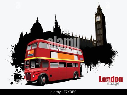 Grunge London banner with double Decker bus images. Vector illus Stock Vector
