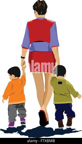 Mother walking with two children. Vector illustration Stock Vector