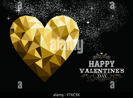 Happy valentines day love greeting card with heart shape design in gold low poly style and label decoration. EPS10 vector. Stock Vector