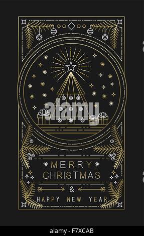 Merry Christmas Happy New Year design with xmas tree, gifts and decoration in simple gold outline style. Ideal for holiday card Stock Vector