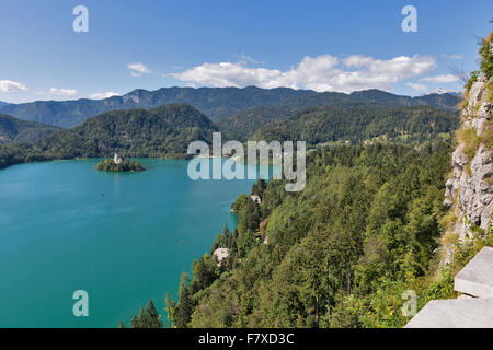 Island on Lake Bled in Slovenia with Church of the Assumption, aerial view from castle Stock Photo