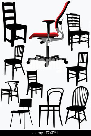 Big collection of home and office chair silhouettes. Vector illu Stock Vector