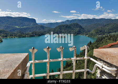 Island on Lake Bled in Slovenia with Church of the Assumption, view from Bled Castle Stock Photo