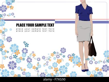 Young woman in blue dress with blue-orange flowers around Stock Vector
