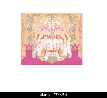 japanese koi and ancient building - abstract frame Stock Vector