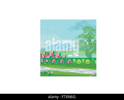 Vector landscape with mountains and swans on the lake Stock Vector