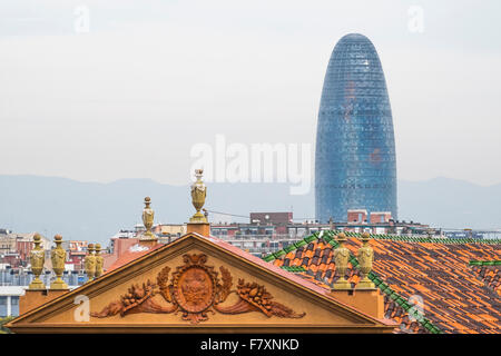 Torre Agbar or Agbar Tower, a 142 metre skyscraper designer by architect Jean Nouvel located in Glorias Square, Barcelona, Spain Stock Photo