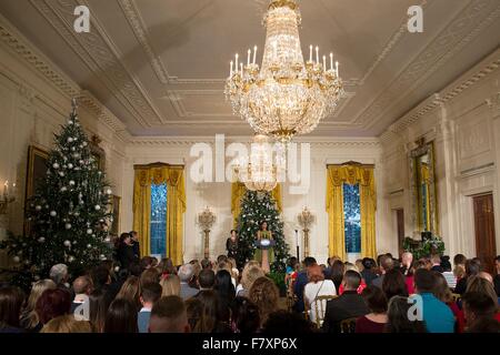 Washington DC, USA. 2nd Dec, 2015. U.S. First Lady Michelle Obama welcomes military families during the unveiling of the White House holiday decorations at the White House December 2, 2015 in Washington, D.C. Stock Photo