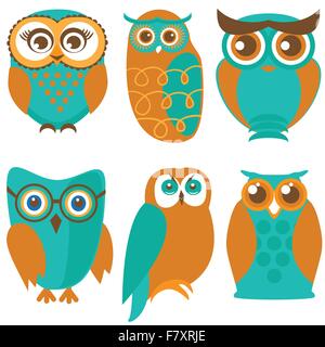 Owl set, cute owls and birds in orange , green colors Stock Vector
