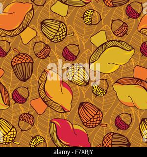 Seamless pattern with acorns, mushrooms and autumn leaves.  Autumn leaf background. Stock Vector