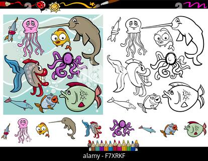 sea life cartoon coloring page set Stock Vector