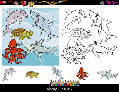 sea life cartoon coloring page set Stock Vector