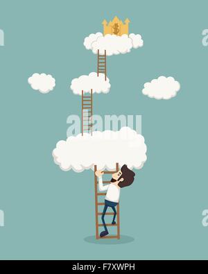 Businessman on a ladder above the clouds looking golden castle Stock Vector