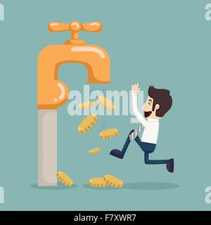 Money coins fall out of golden faucet Stock Vector