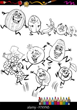 funny fruits set cartoon coloring page Stock Vector