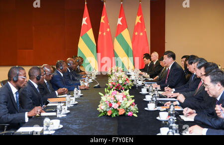 Johannesburg, South Africa. 3rd Dec, 2015. Chinese President Xi Jinping meets with Togolese President Faure Gnassingbe in Johannesburg, South Africa, Dec. 3, 2015. Credit:  Xie Huanchi/Xinhua/Alamy Live News Stock Photo