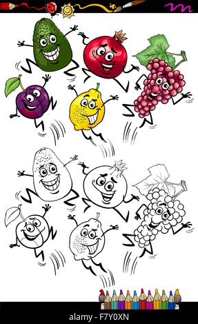 funny fruits cartoon coloring page Stock Vector