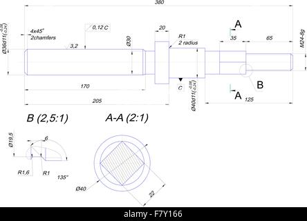 Engineering drawing of steel shaft Stock Vector