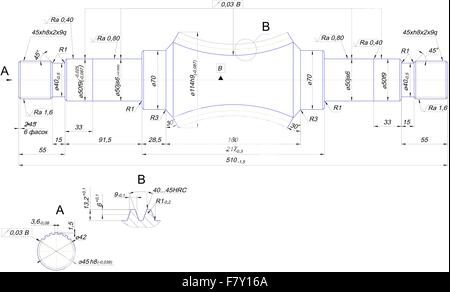 Engineering drawing of steel shaft Stock Vector