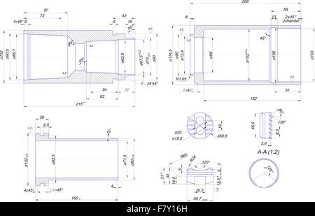 Engineering drawing of steel bush Stock Vector